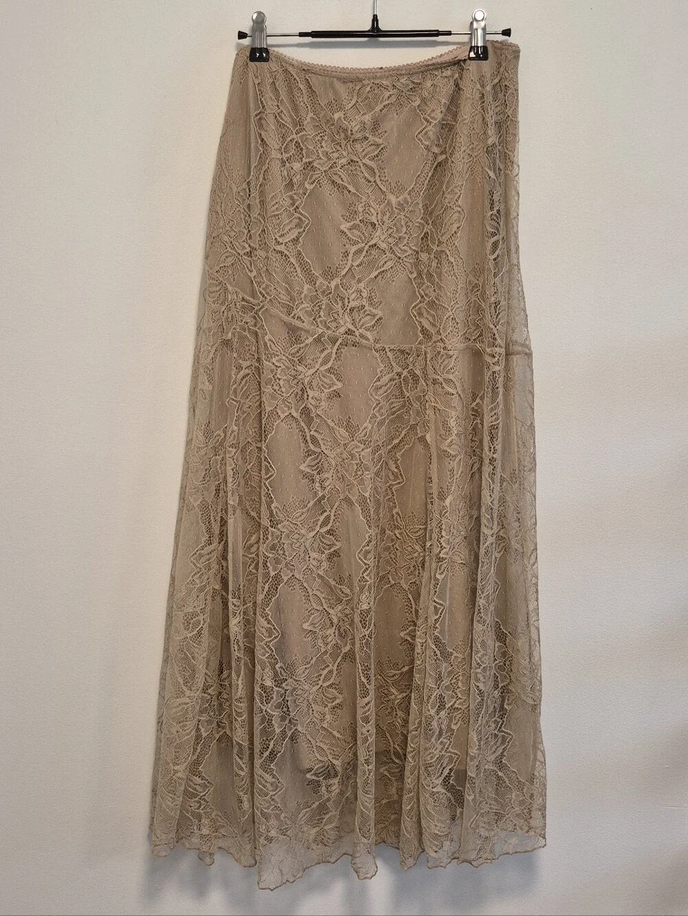 Anthropologie Asymmetric Drop-Waist Lace Midi Skirt Pull-On Taupe Size M $128